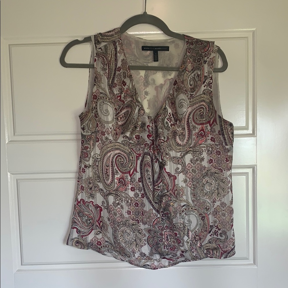 White House Black Market Red and Brown Sleeveless Tie Front Blouse